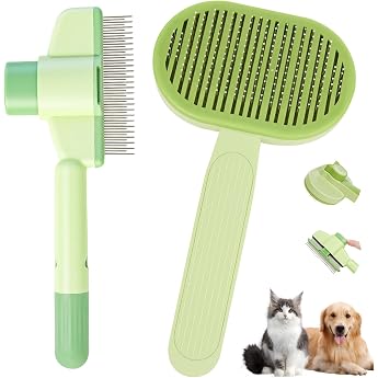 2-Piece Set Self-Cleaning Pet Brush Fur Flash Brush Cat with Release Button Self-Cleaning Pet Flea Comb Grooming Brush for Long Hair and Short Hair Green