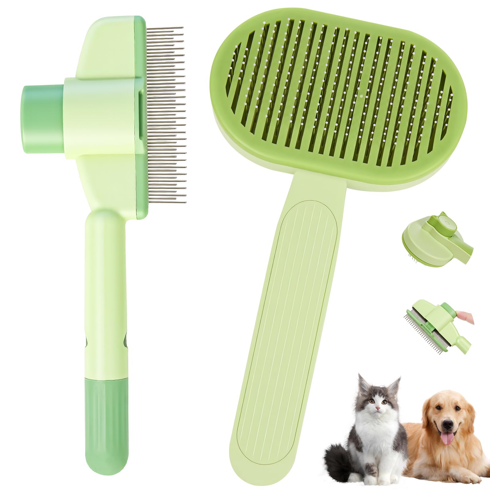 Brush for Cats and Dogs, Brush Cats Hair Remover for Detangling and Combing Pets, Self-Cleaning Pet Comb for Dogs/Cats/Rabbits Short and Long Hair (Green)
