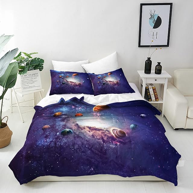 ANHOPE Space Duvet Cover Set Soft Comforter Cover Set with Solar System Planet Galaxy Stars Print Pattern 3 Piece Bedding Set with Pillowcase All Season Quilt Cover with Zipper for Kids Adults Single