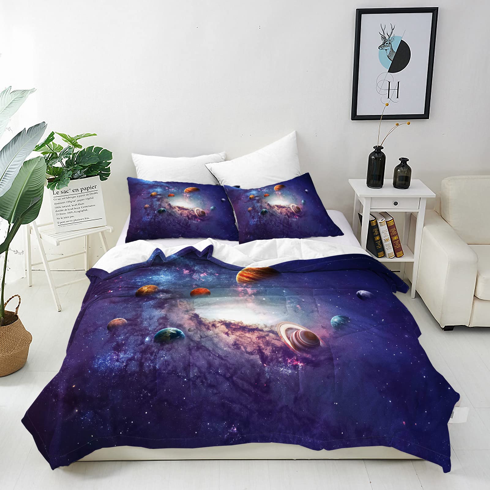ANHOPE Space Duvet Cover Set Soft Comforter Cover Solar System Planet Galaxy Stars Print Pattern 3 Piece Bedding Set with Pillowcase All Season Quilt Cover with Zipper for Kids Adults Double โ image 1