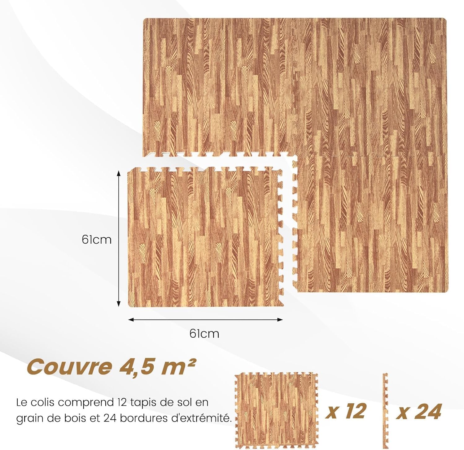 GOPLUS Tapis de Protection Fitness Puzzle en Mousse EVA, Tapis de Sport de Sol 12 Dalles Effect Bois, 61x61CM, Tapis Matelas Épais Antidérapant Couvre 4,5m² pour Gym, Salle de Sport, Garage, Piscine