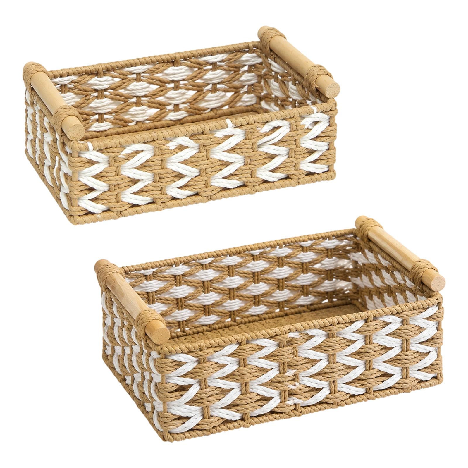2 Piece Handwoven Paper Fiber Rope Storage Baskets with Wooden Handles for Home Offices Organization Treat Storage Basket