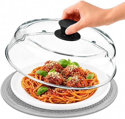 2 in 1, 10 IN Glass Microwave Cover for Food with Silicone Mat, Borosilicate Glass Microwave Splatter Cover with Dual Steam Vents & Easy Grip Silicone Handle, BPA Free, Dishwasher Safe