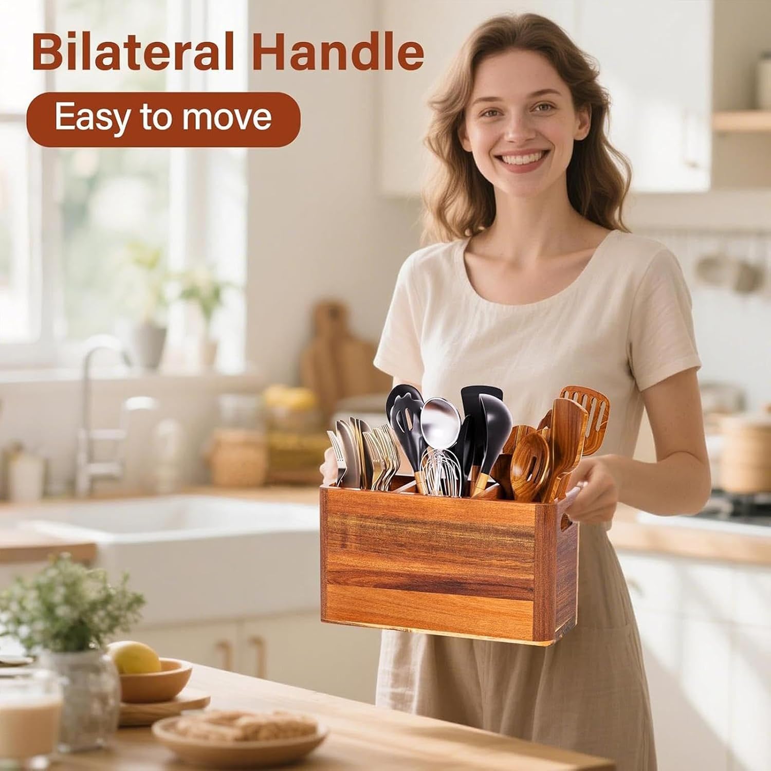 Utensil Holder Counter Organizer, Wooden Kitchen Storage With Drainage Holes And Multi Compartment Design, Spoon Spatula Cutlery Holder For Cooking Tools Home Table Cabinet Pantry Use