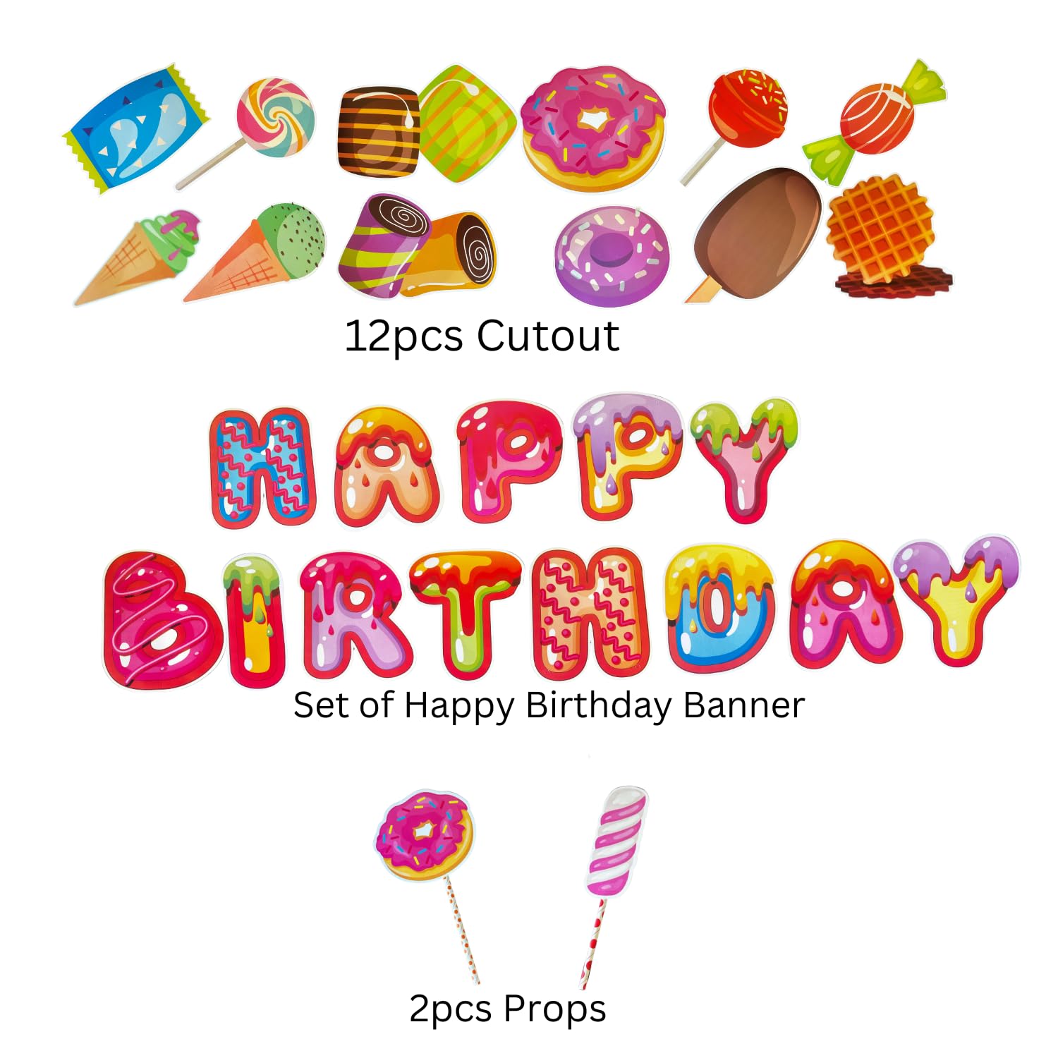 FI - FLICK IN 15Pcs Happy Birthday Candyland Theme Party Decoration Set Cutouts Props Banner(Cardstock) Ice Cream Donut Theme Birthday Decoration Items(Pack of 15)