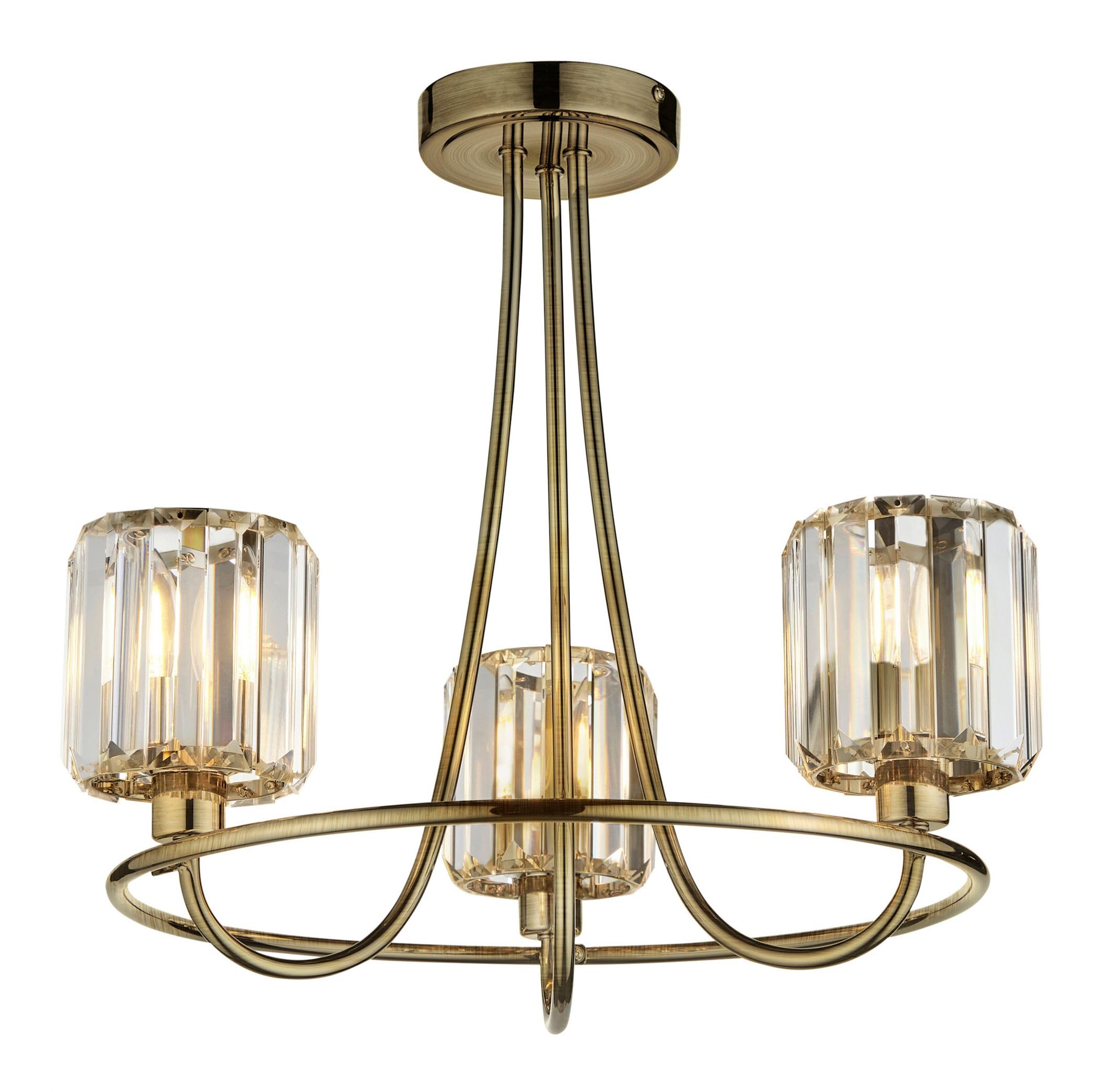 Endon Collection Berenice 3 Light Semi Flush Ceiling Lamp - Antique Brass, Gold Glass Shades