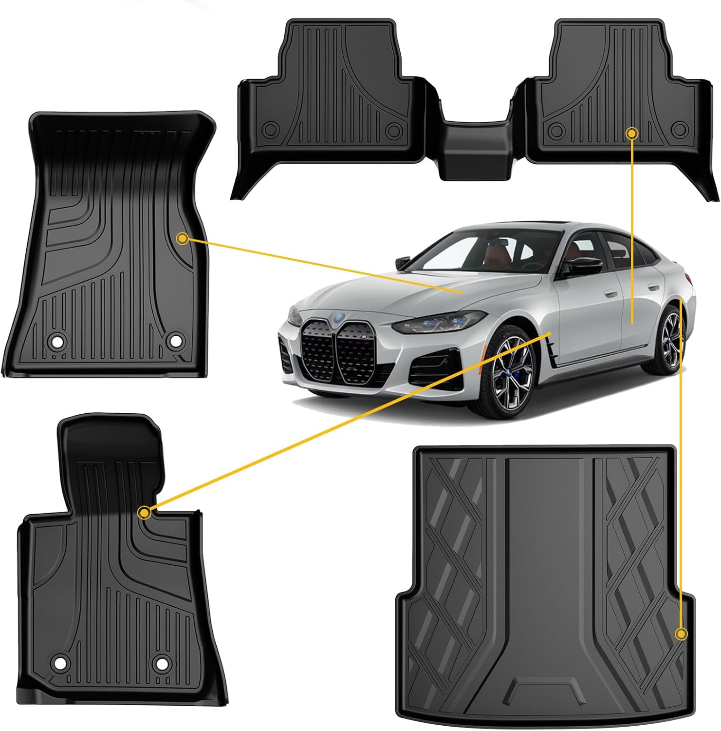 Original 2022-2024 I4 Floor Mats & Cargo Liner for BMW I4 All Model - Custom Fit Odorless TPE Floor Liners & Cargo Mat - All Weather 3D Laser Measured Car Mats Car Mats for BMW I4 2022-2024 2022-2024 i4 Floor Mats and Cargo Liner