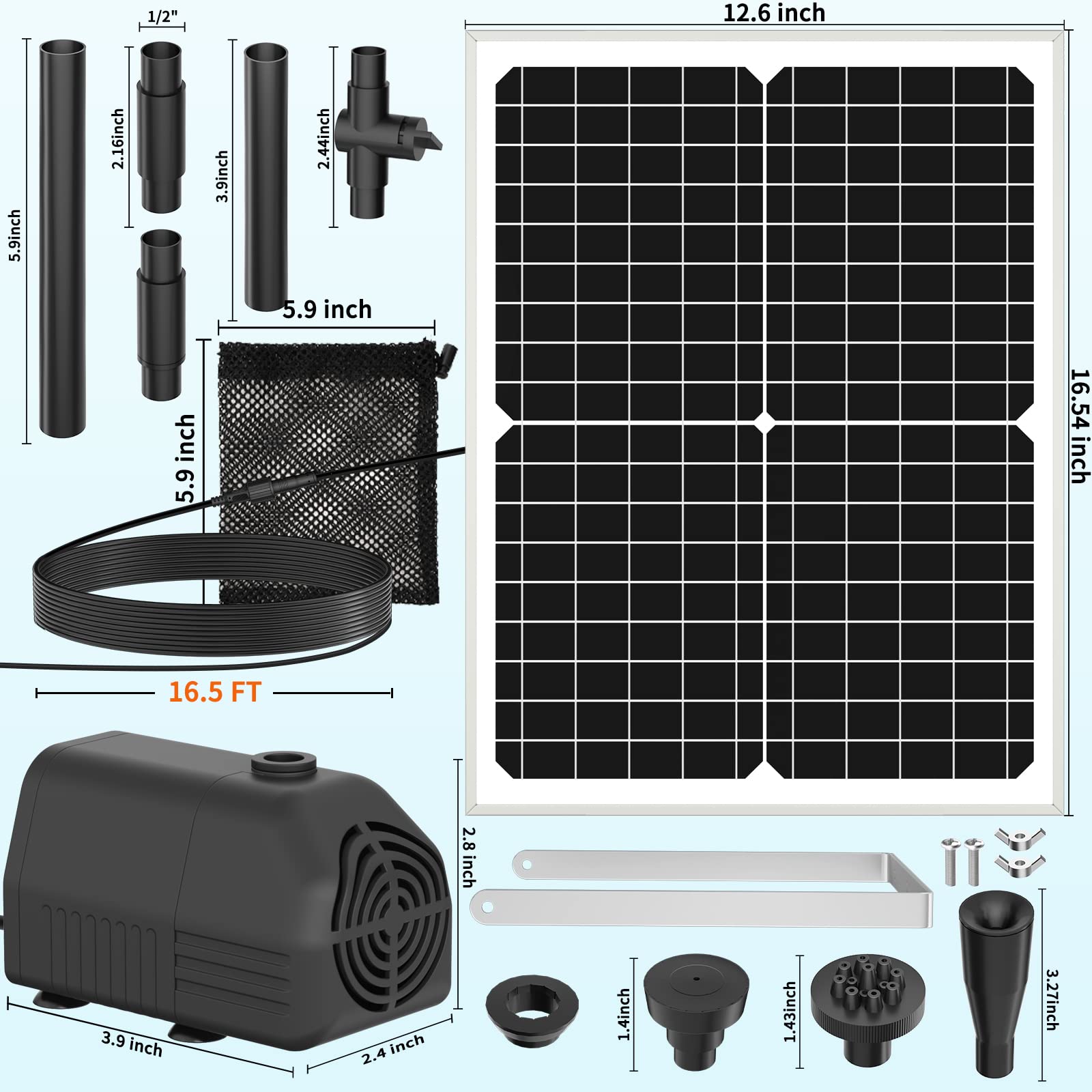 Pompa solare per laghetto, pompa per fontana solare da 25 W con flusso di 1700 l/h e 4 stili di spruzzo, cavo di alimentazione estensibile da 16,5 m, borsa barriera per detriti per fontane all'aperto