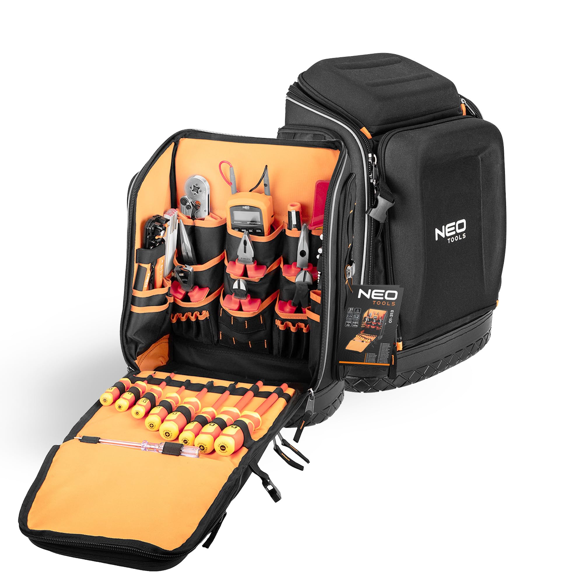 NEO TOOLS Werkzeugtasche für Elektriker, 31-teilig, Werkzeugtasche für Elektriker, 26 Taschen, Mobiles und langlebiges Elektrowerkzeugset im Rucksack, 01-313