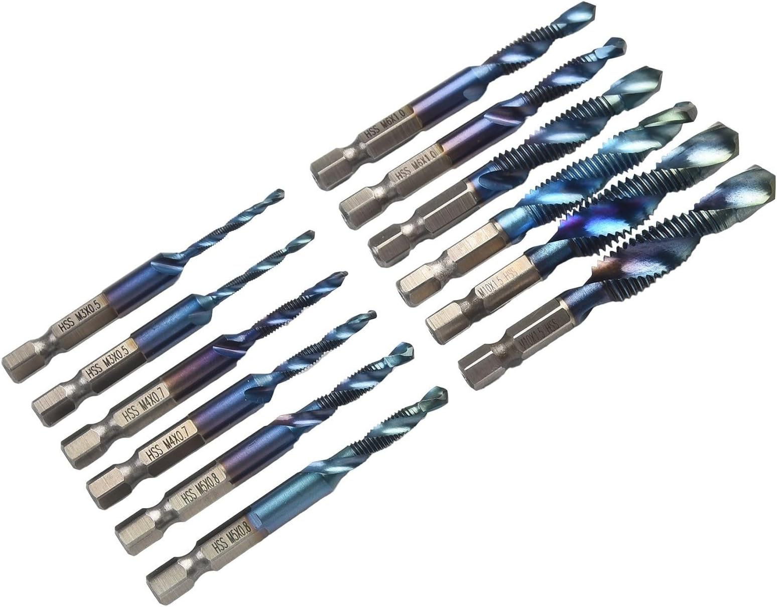 12Pcs Combination Drill and Tap Set 1/4 inch HSS Hex Shank M3-M10 Screw Tapping Bit Titanium Plated Countersink Tap Drill Bit Set