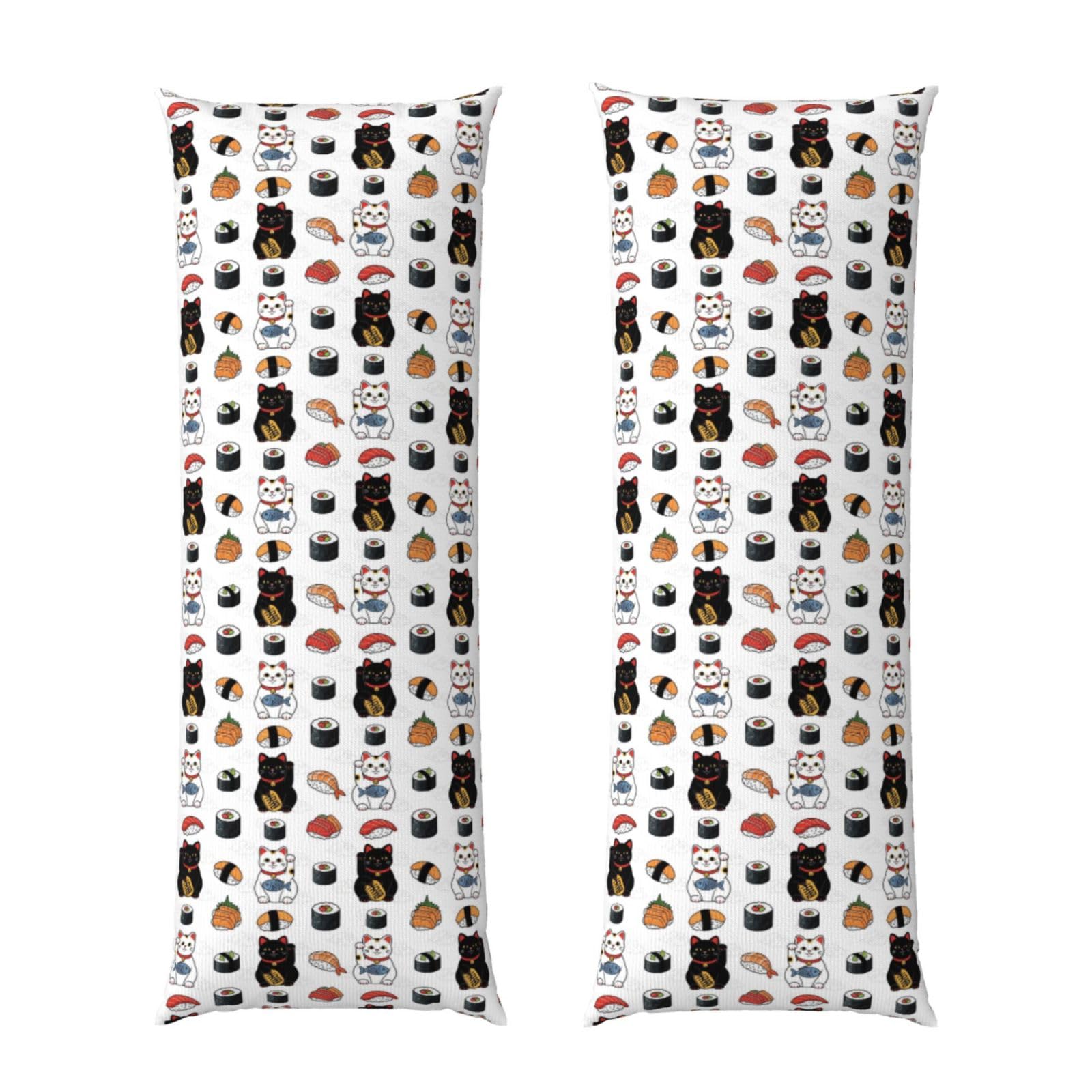 Body Pillow Case 20x60 Inch, Japanese Sushi and Lucky Cat, Zippered Cozy Pillow Cover, Softffy Fabric, Comfortable Protector for Bedroom Couch Sofa