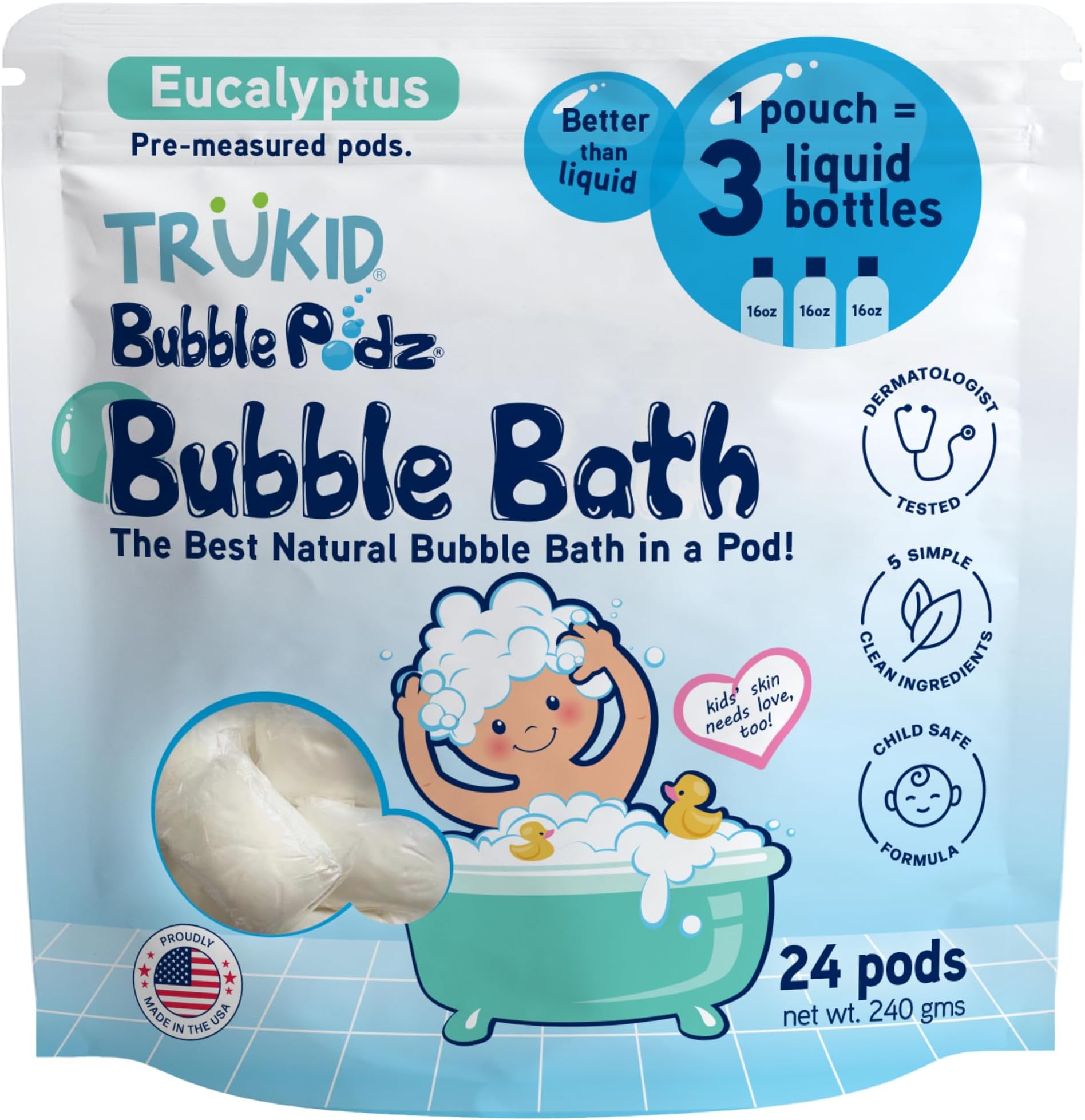 TruKid Bubble Podz Bubble Bath for Kids, Toddlers, & Babies, Tear Free Gentle & Refreshing Bath Bomb for Sensitive Skin with Natural Moisturizers, Non-Toxic, pH Balanced, Eucalyptus Scent (24 Podz)