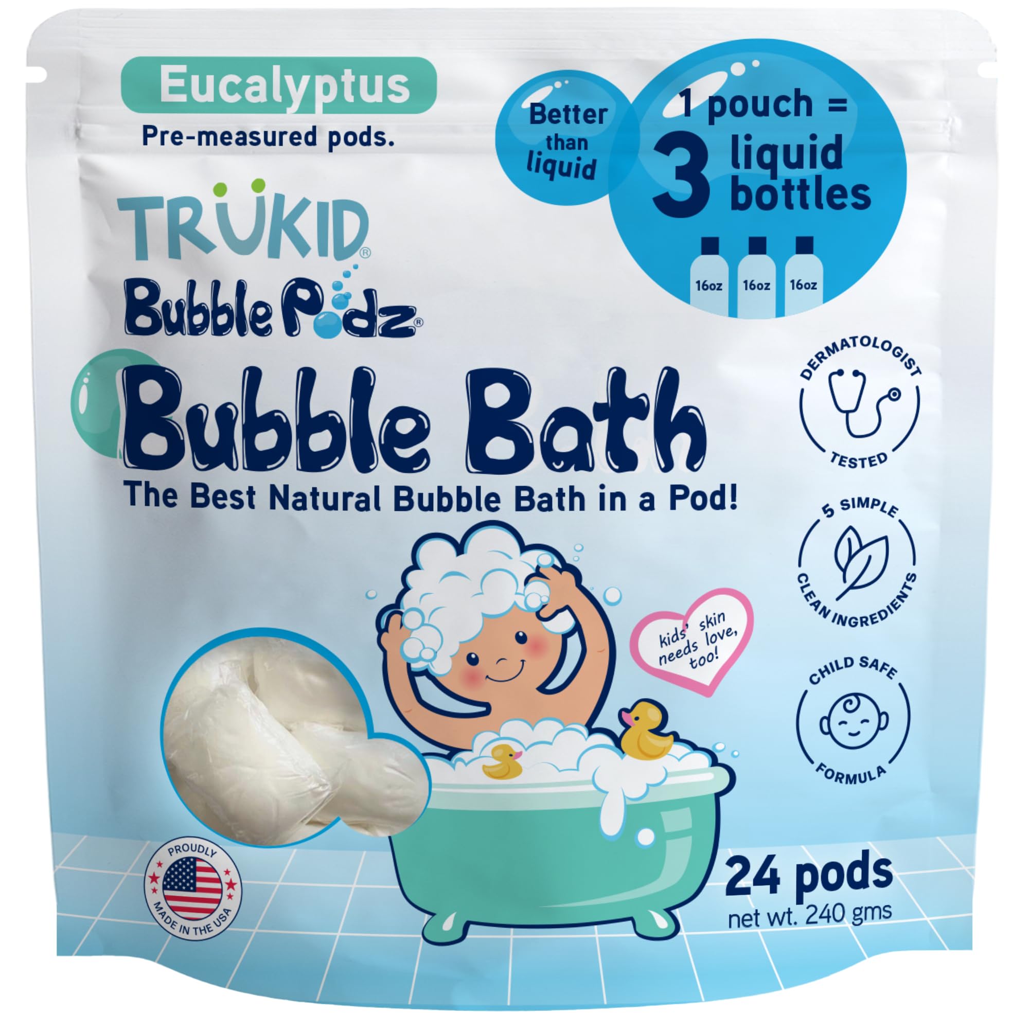 TruKid Bubble Podz Bubble Bath for Kids, Toddlers, & Babies, Tear Free Gentle & Refreshing Bath Bomb for Sensitive Skin with Natural Moisturizers,