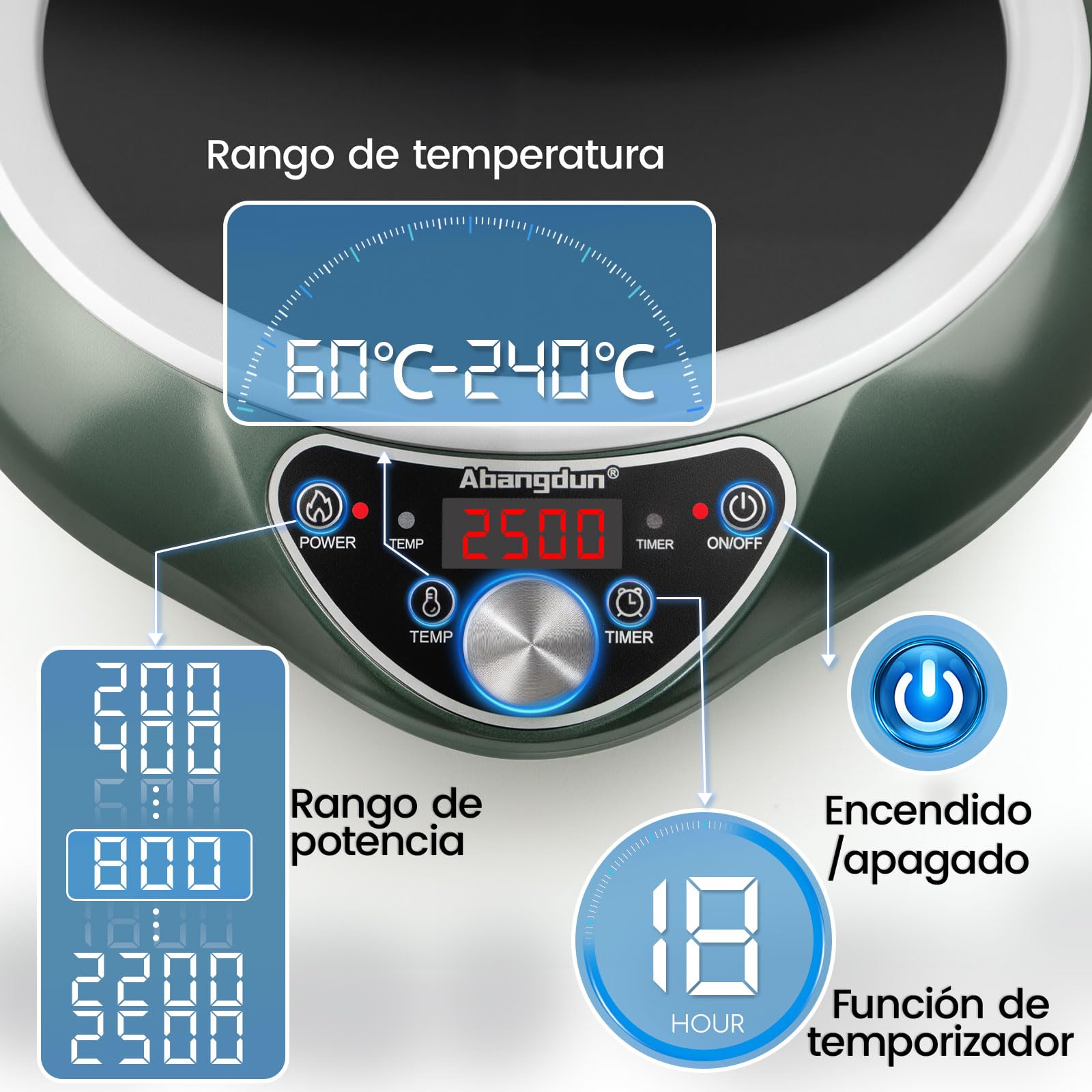 laca de Inducción Abangdun con Wok, Quemador de Inducción de 2500W con 16 Niveles de Potencia, 200W-2500W, Rango de Temperatura 80-240°C, Pantalla LED, Temporizador de 18 Horas, 220-240V