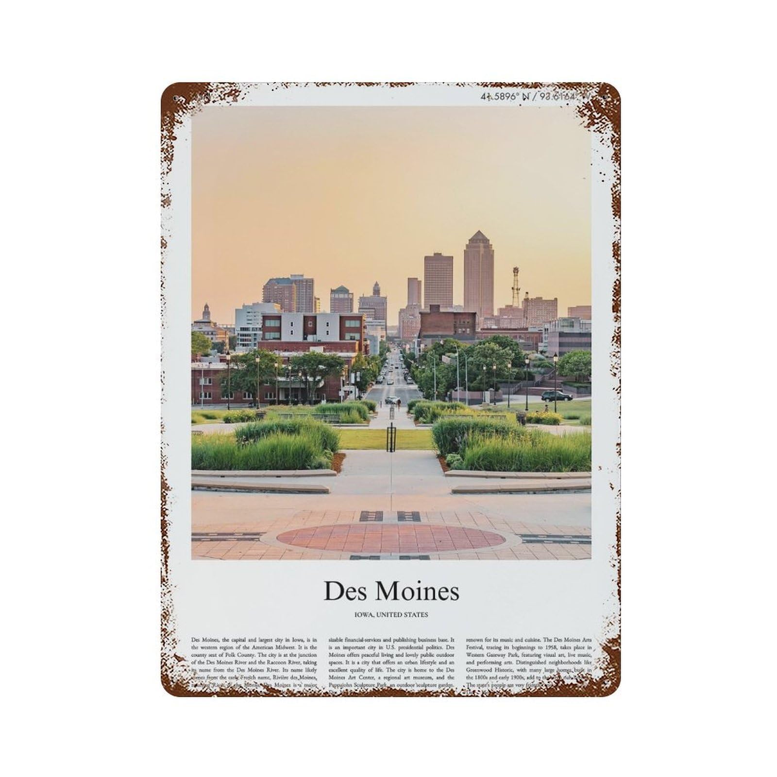xiaoxiaoshen Des Moines Iowa, United States, USA City Scenery Wall Decor Art Metal Tin Poster Modern Home Decor Art Home Bar Shop Decorations Vintage Sign 40x30cm