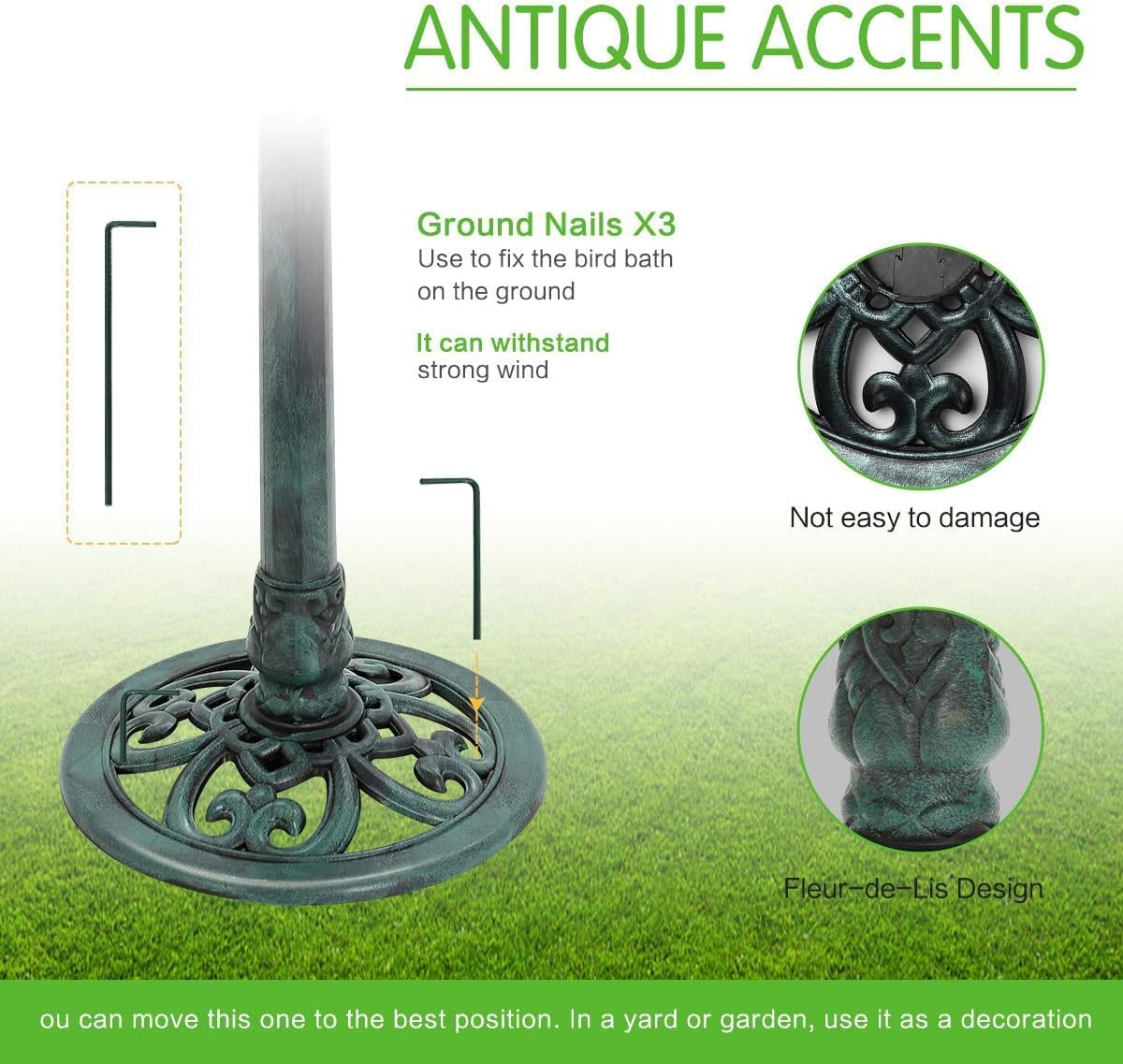 KKY 28 Inch Bird Bath Outdoor Garden Resin Lightweight Retro Courtyard Art Green Color - Image 5