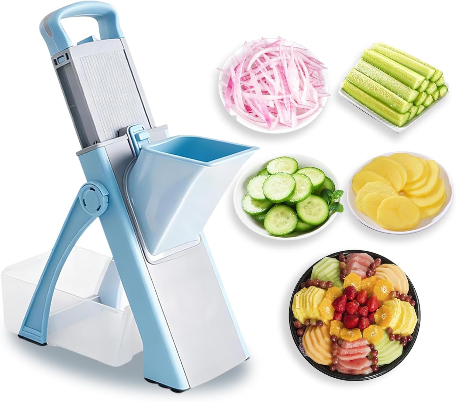 Safe Mandoline Slicer 8-in-1- Adjustable Vegetable & Potato Cutter with Removable Basket, 420 Stainless Blades, Foldable for Easy Storage
