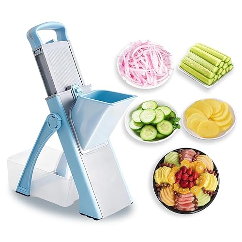 Safe Mandoline Slicer 8-in-1- Adjustable Vegetable & Potato Cutter with Removable Basket, 420 Stainless Blades, Foldable for Easy Storage