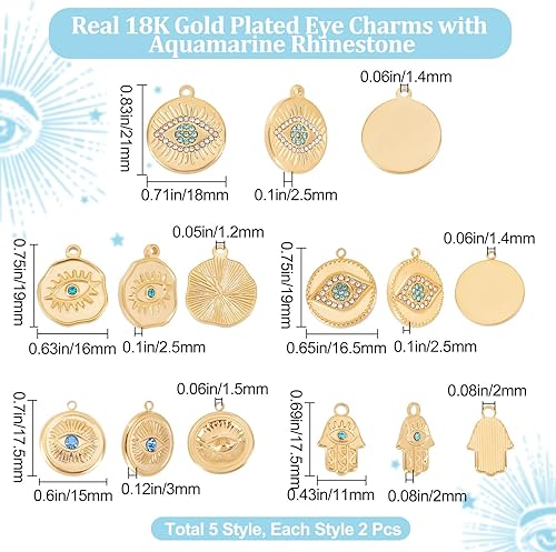 Miniatura 2 de Beebeecraft 10 dijes de ojo malvado de 5 estilos, chapados en oro de 18 quilates, con diamantes de imitación redondos planos irregulares para