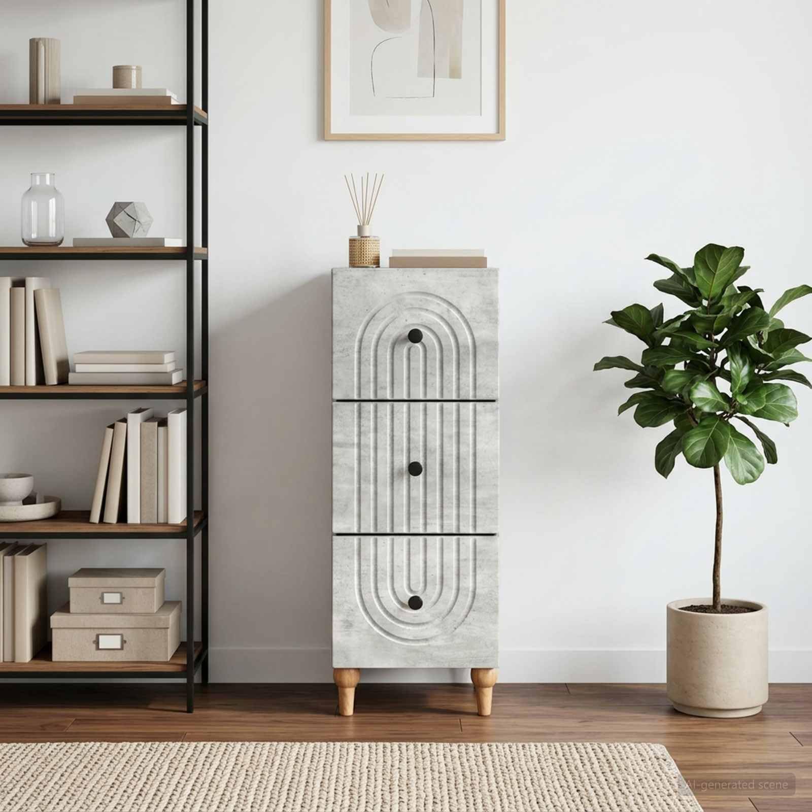 Cassettiera in legno grigio cemento, 33 x 34,5 x 90 cm, con 3 cassetti, per casa, ufficio, corridoio, garage, officina, per organizzazione e ordine