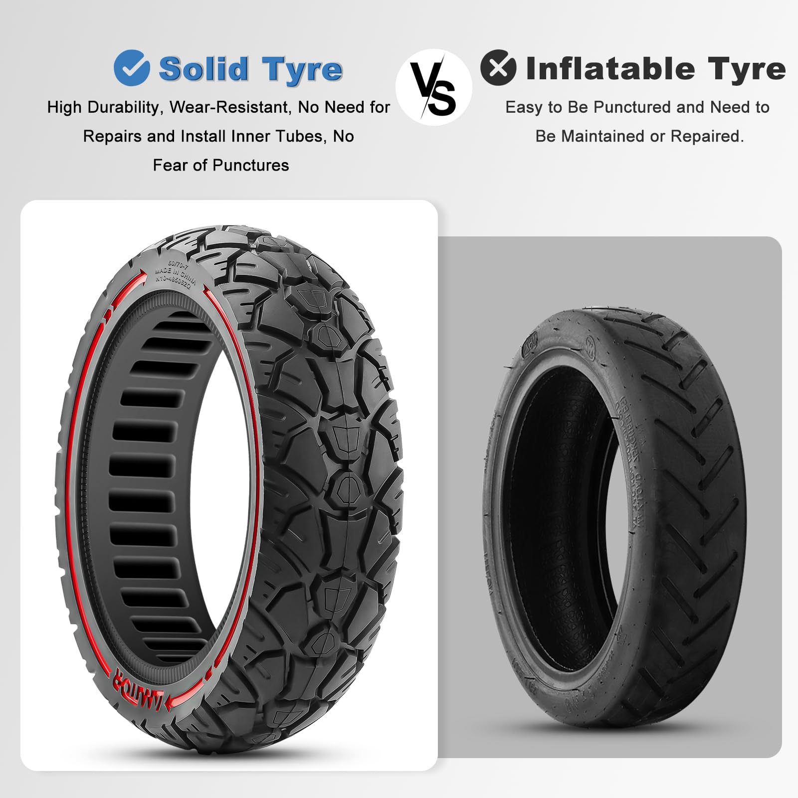 60/70-7.0 Ruota Piena per Xiaomi 4 Pro Monopattino Elettrico, Gomma Piena Monopattino 10 Pollici, Off-Road Ruote Monopattino Elettrico Antiforatura (Fessura 48.5), 2PCS