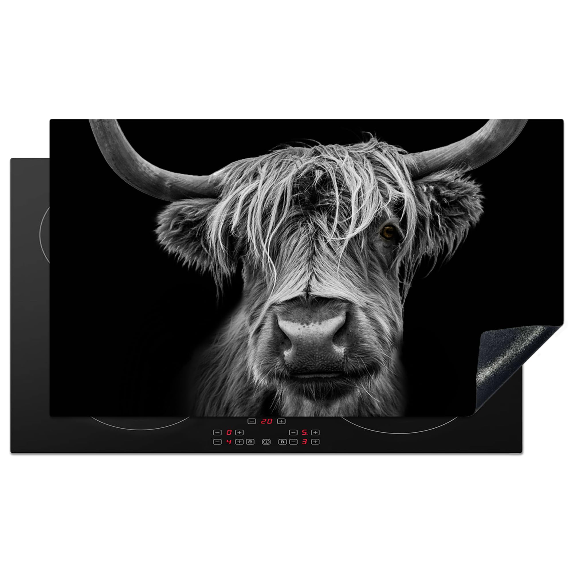 KitchenYeah© Induction Hob Protector Mat 20.5"x35.9" / 91.2x52 cm Stove Cap Top Cover Kitchen Cooker Covers for Electric Hobs Vinyl Scottish Highlander - Horns - Black - White - Cow
