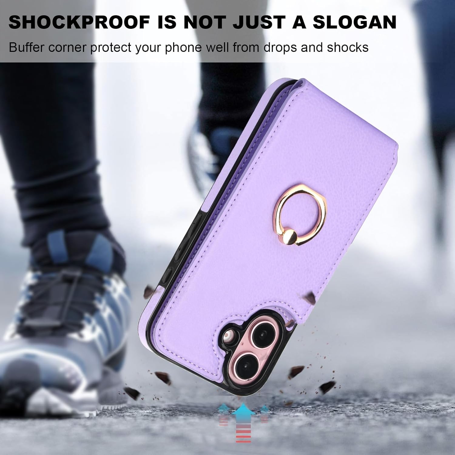 Folosu Compatible with iPhone 16 Case Wallet with Card Holder, 360°Rotation Finger Ring Holder Kickstand, RFID Blocking Leather Protective Double Buttons Shockproof Cover 6.1 Inch Purple