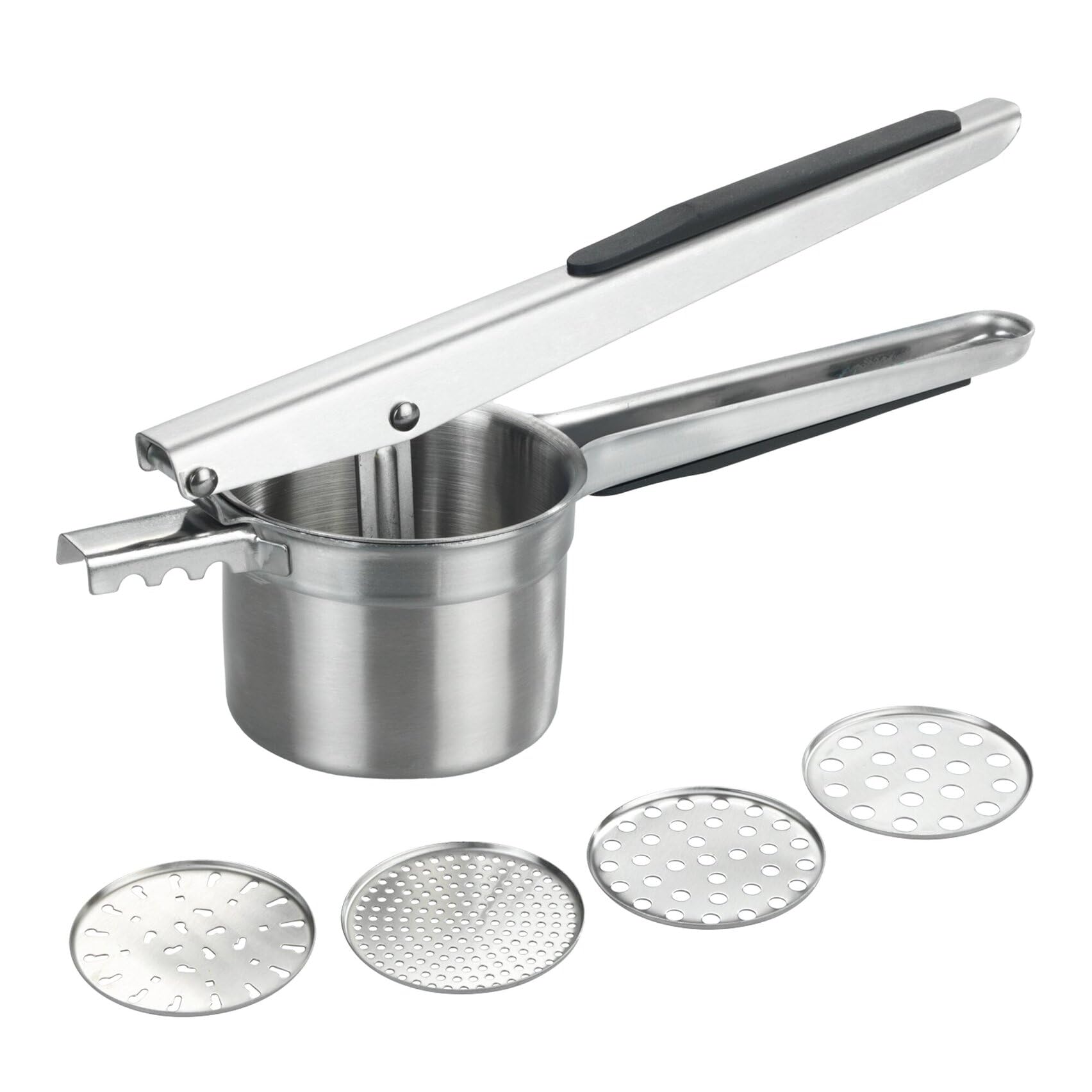 Multi-Presse XL aus Edelstahl, große Kartoffelpresse und Küchenpresse mit 4 Einsätzen, 330 ml Volumen, rutschfeste Silikon-Griffe, spülmaschinengeeignet