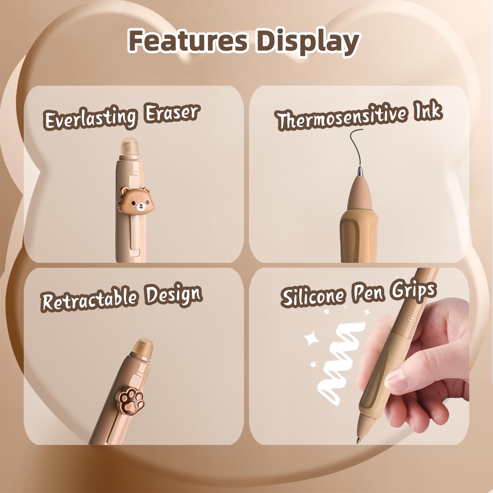 Erasable Ballpoint Pen 4 Pack Bear Bee Paw Honey Jar Grey Black Ink 0.5mm Tip Ink Removal Ball Pen - Image 3
