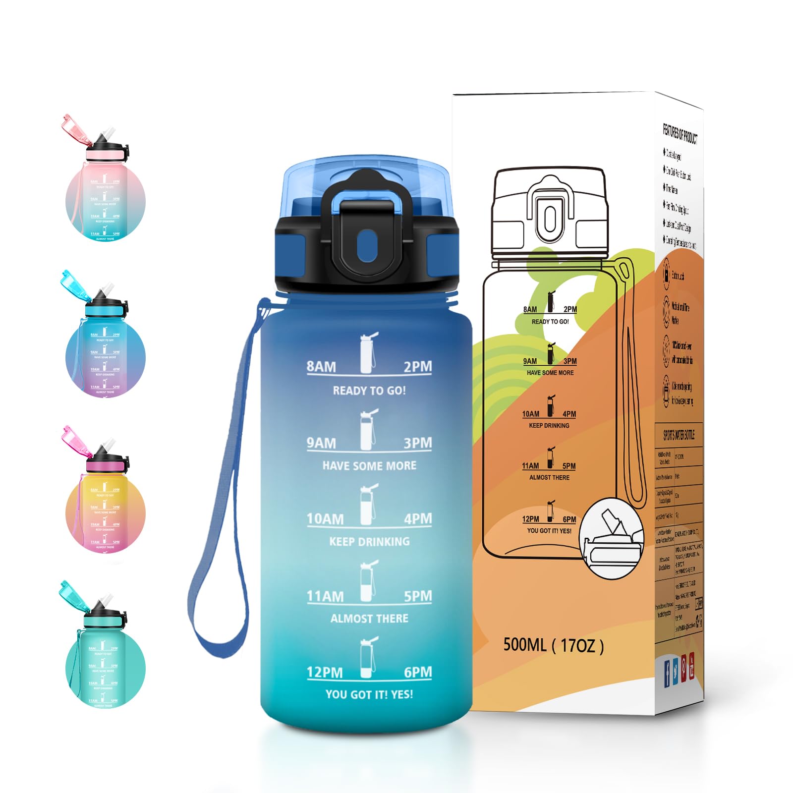 JAPORIA Motivation Water Bottle 500ml with Straw and Time Marker, Leakproof Reusable BPA Free Water Bottle Ideal for Fitness, Yoga, Office and Hiking
