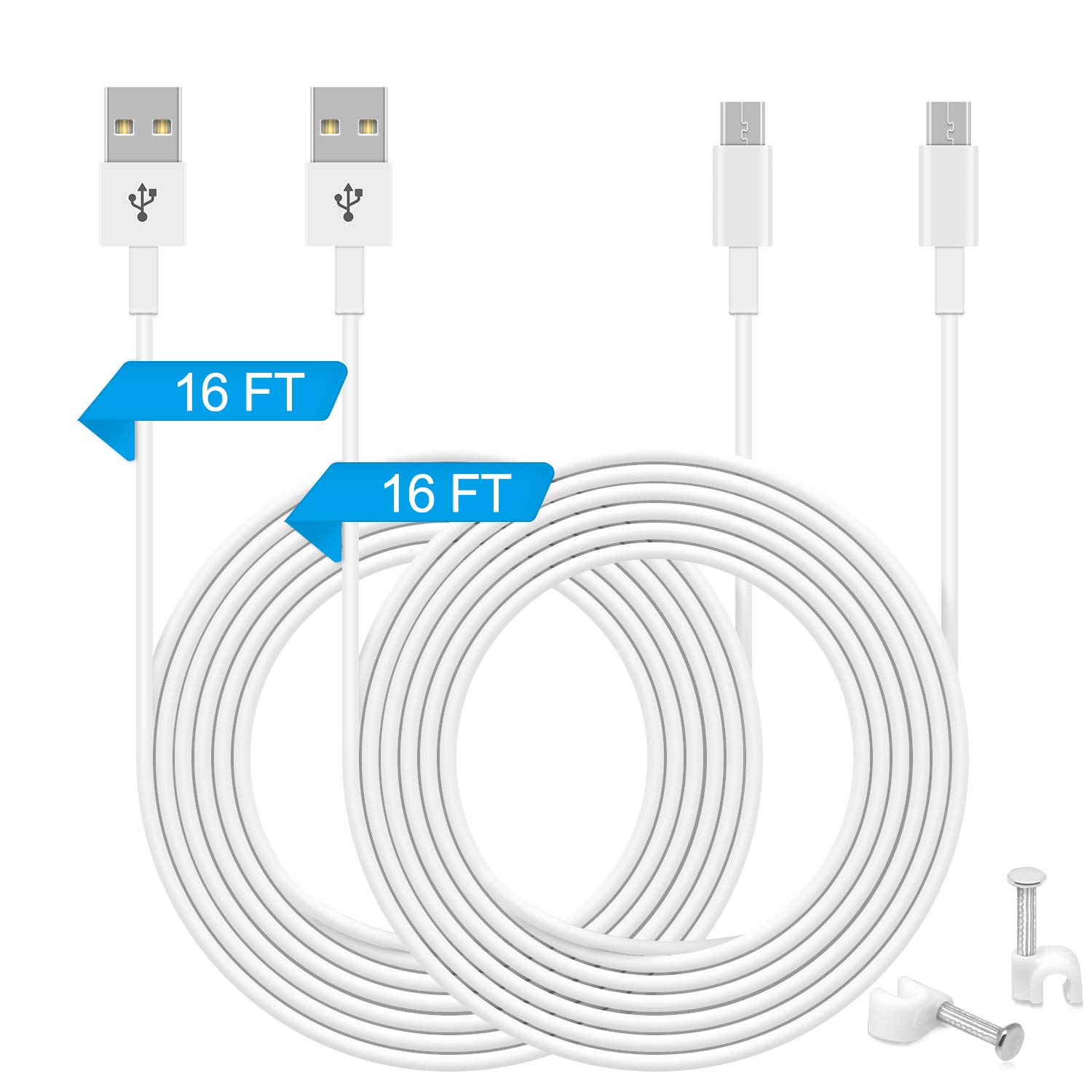 2 Pack 16.4FT Power Extension Cable Compatible with WyzeCam,WyzeCam Pan,Yi Camera,NestCam Indoor,Netvue,KasaCam Indoor,Furbo Dog,Blink,Amazon Cloud Cam,USB to Micro USB Charging Cord for Security Cam