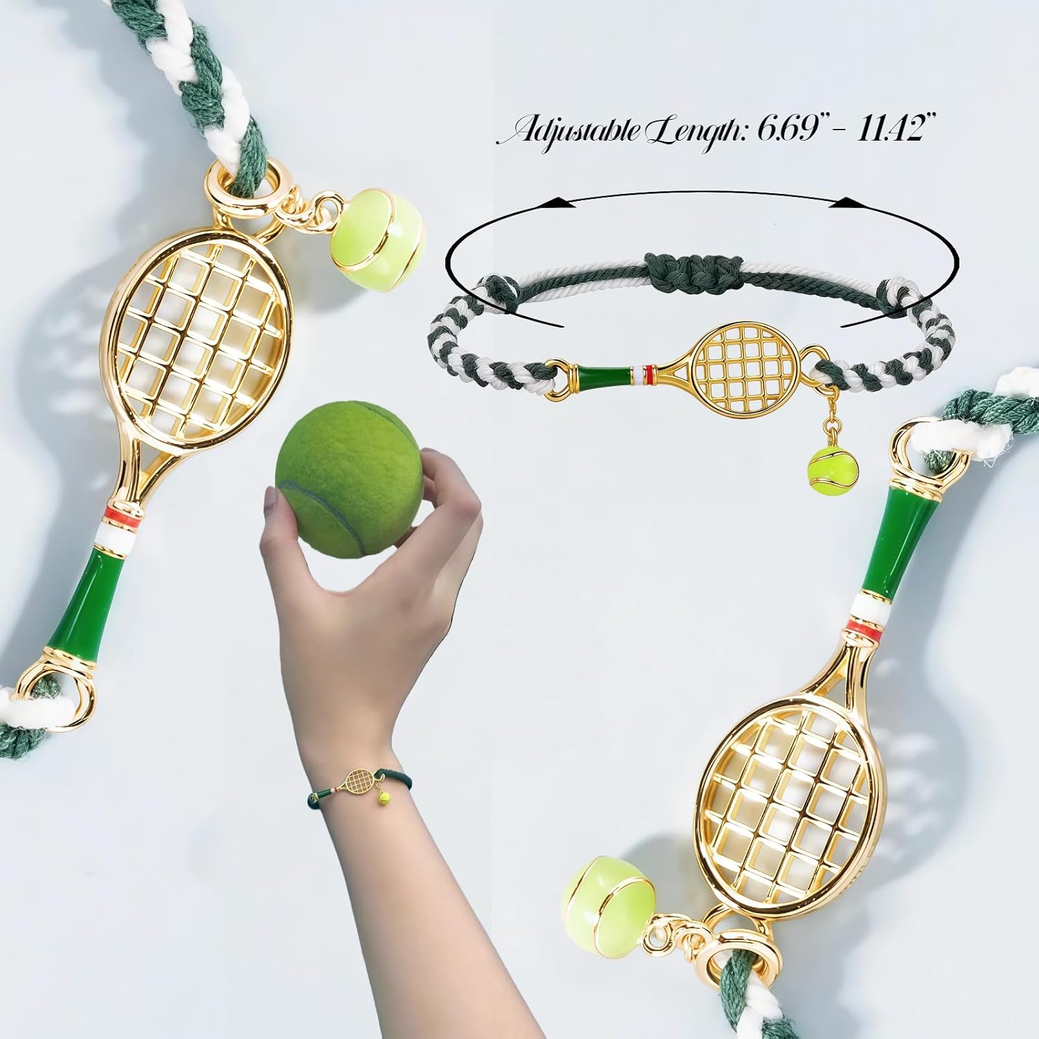 Tennis Racket Bracelet for Women Men, Adjustable Braided Rope Tennis Jewelry with Racket & Ball Charm Gift for Players Fans Sport Lovers