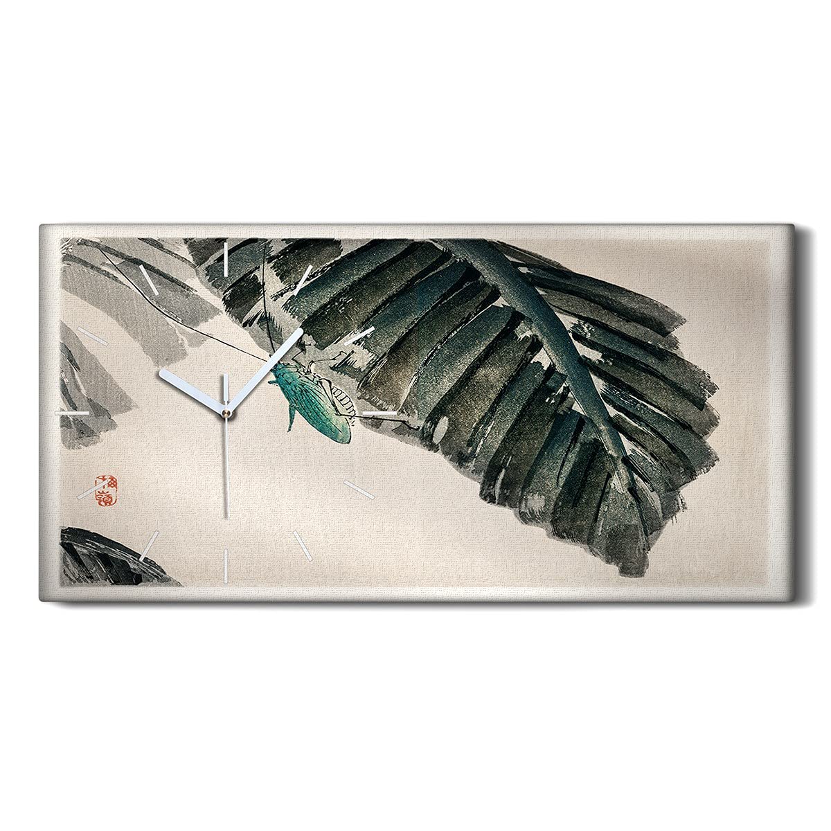 Horloge sur toile feuilles asiatiques 60x30cm pour salon moderne silencieuse