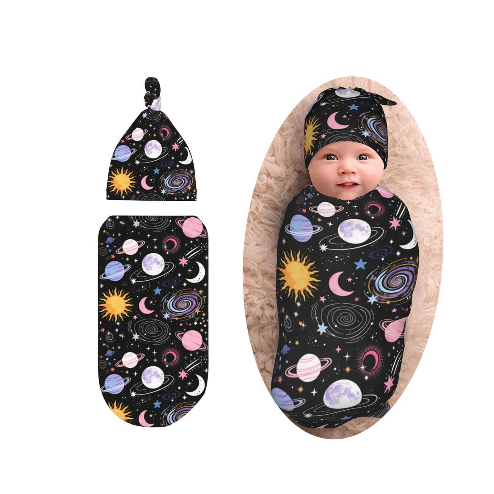 Space Galaxy Swaddle Blanket with Beanie Set, Soft and Stretchy Swaddlling Blanket for Boy and Girl