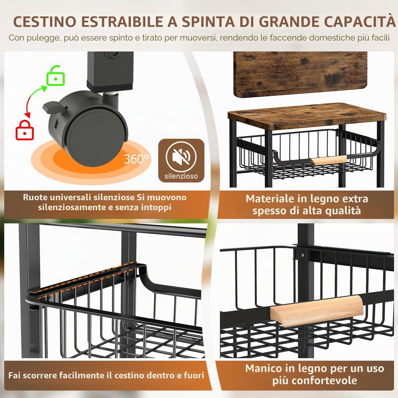 Carrello da cucina a 5 ripiani con ruote, scaffale per verdure con piano in legno, cestini impilabili e 4 ruote girevoli (2 bloccabili), carrello da portata mobile per cucina, dispensa