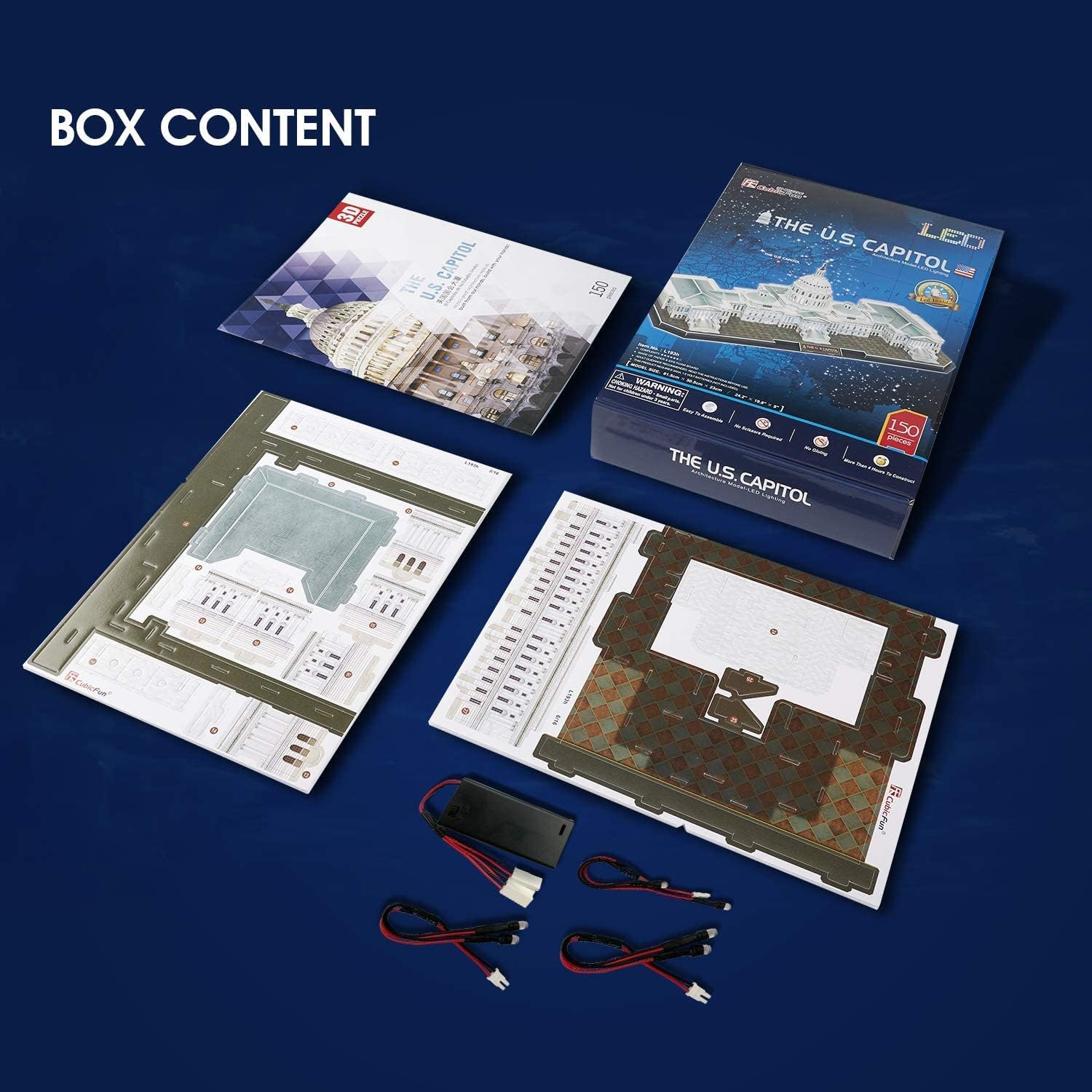 Contents of the CubicFun LED U.S. Capitol 3D Puzzle box, including puzzle sheets, instruction manual, and LED components.