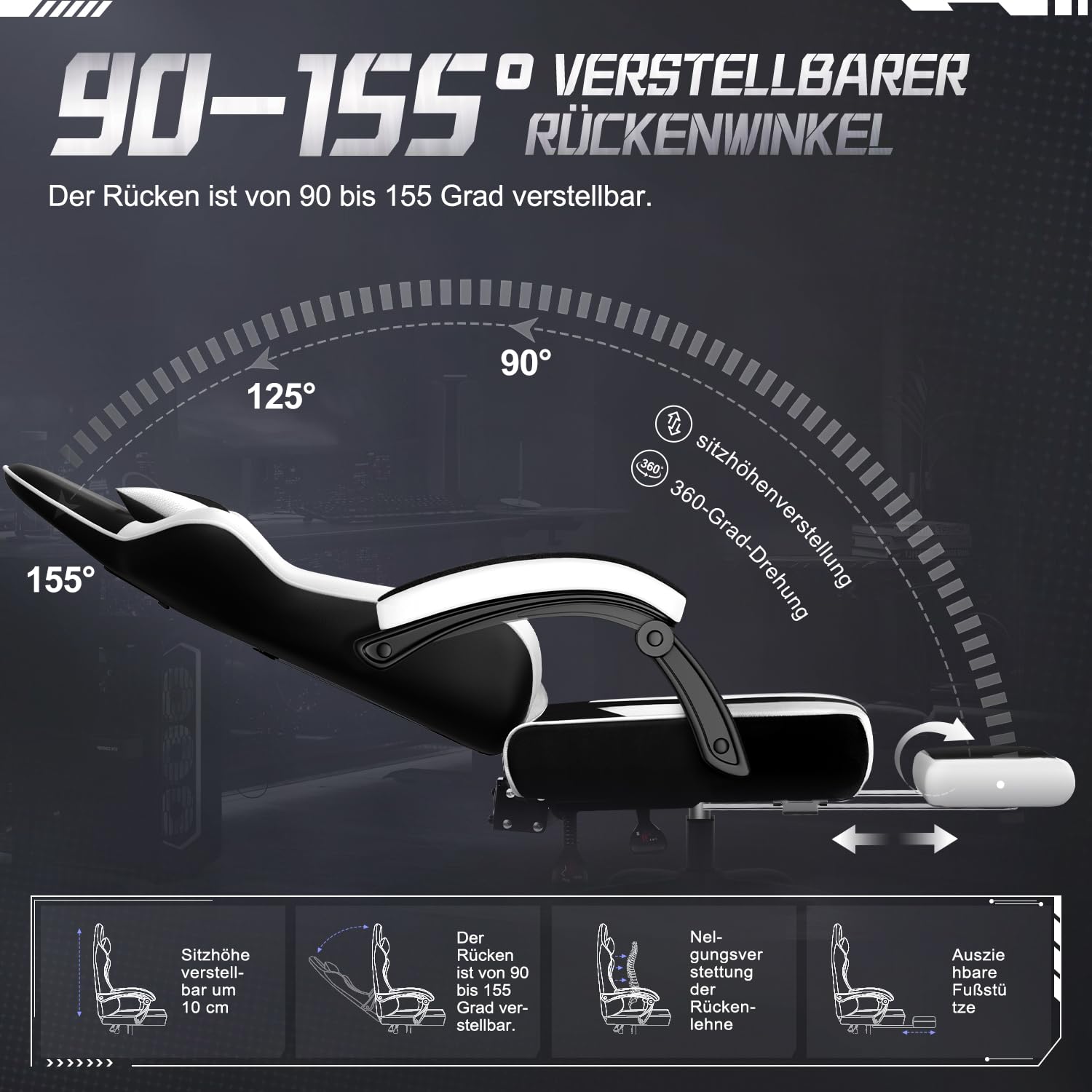 Gaming Stuhl, ergonomischer Gaming Sessel mit Fußstütze, Gamer Stuhl mit Lendenkissen & Kopfstütze, Gaming Chair mit neigbarer Rückenlehne, Bürostuhl & Gamingstuhl,150 kg, Weiß