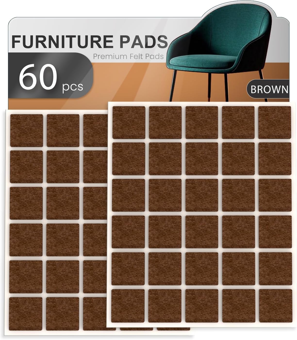 60 PCS Felt Furniture Pads, Chair Leg Floor Protectors, Furniture Sliders for Hardwood Floors, Cabinet Bumpers, Anti Scratch, Reduce Noise(Brown) - Amazon product rated Grade B