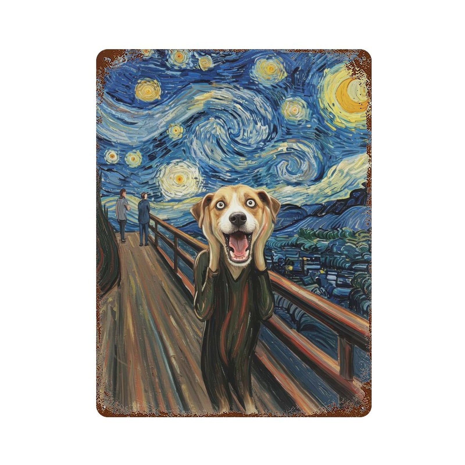 Dog Scream Starry Night Parody Rust Effect Tin Sign 15.7"x11.8", Ideal for Farmhouse, Kitchen And Entryway Decor