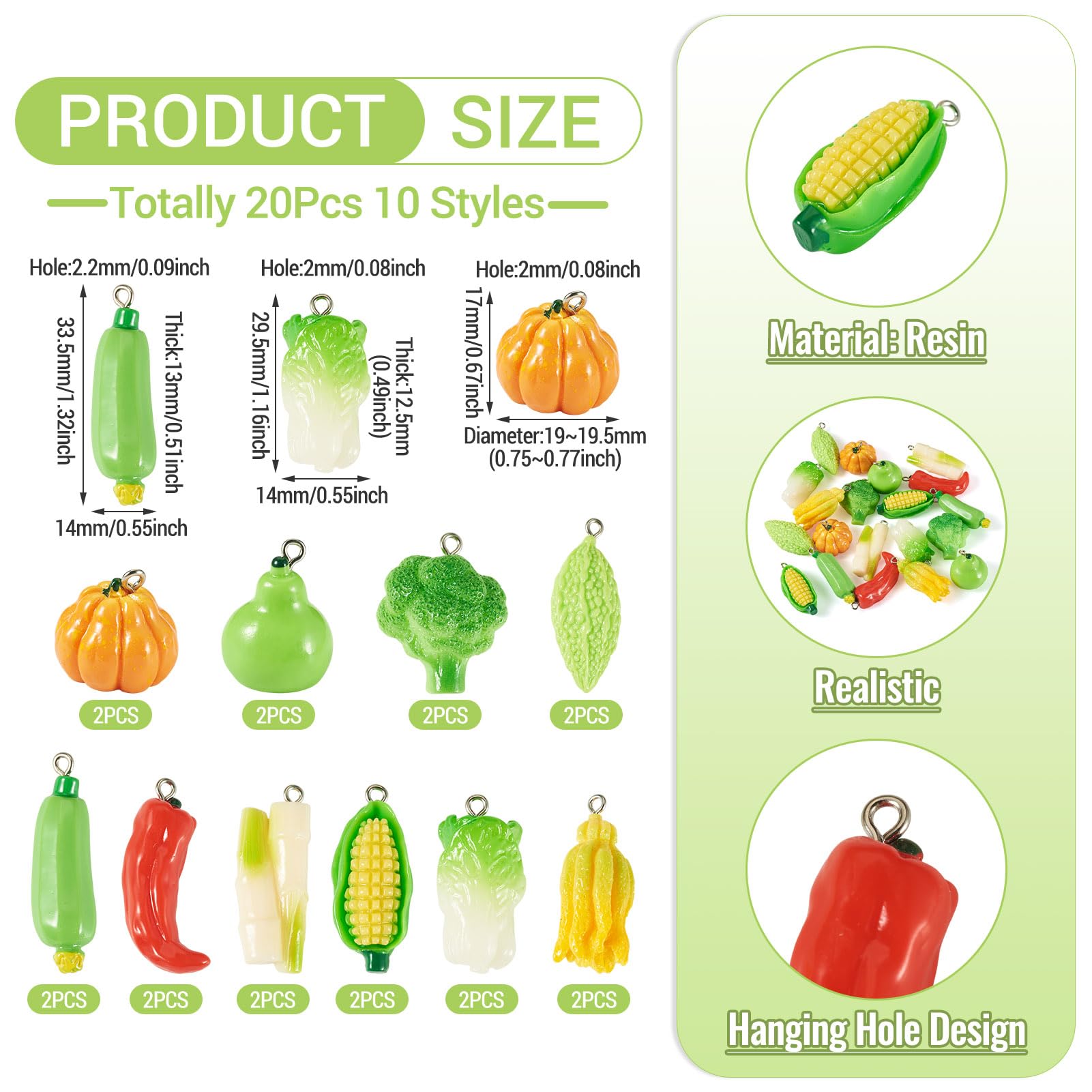 Dijes de resina variados de verduras en 3D, colgantes de frutas con trabillas para hacer llaveros, collares, pulseras, aretes, joyas
