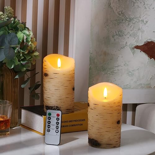 Miniatura 10 de qinxiang Juego de 3 velas LED sin llama, corteza de abedul (3.25 pulgadas de profundidad x 4 pulgadas de alto, 5 pulgadas de alto, 6 pulgadas),