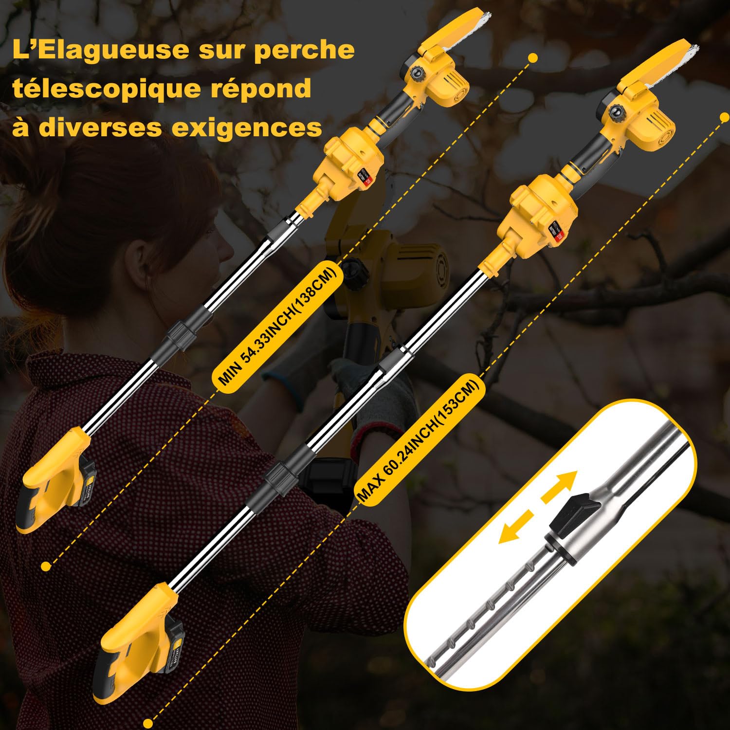 2 EN 1 Tronçonneuse à Batterie Télescopique & Elagueuse sur Perche sans Fil Mini Tronconneuse avec 2 Batteries Coupe Branche Electrique avec Système de Lubrification Tête Pivotante pour Jardin