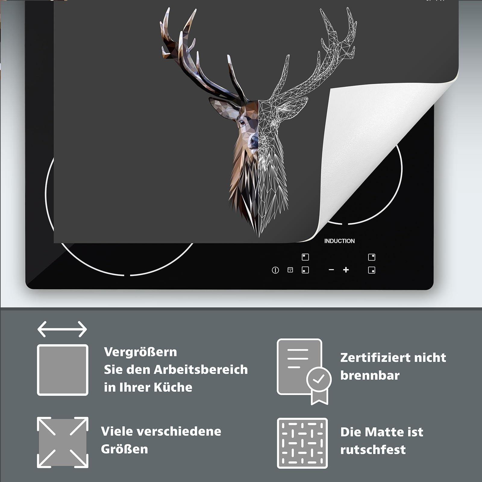 TMK ArtDeko Herdabdeckplatte Ceranfeld abdeckung Aufrollbare Matte für Induktion 1-teilig 90x52 cm, Hirsh Grau