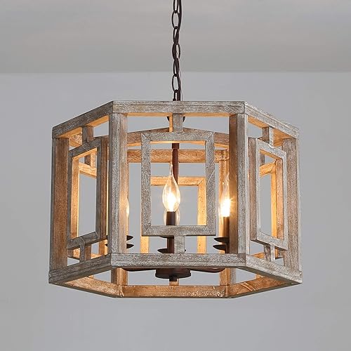 LLCEW Vintage 6-Light Wood Chandelier Rustic Pendant Light, Farmhouse Dining Room Wooden Chandeliers Hanging Ceiling Light Fixture for Bedroom Kitchen Island Livingroom Foyer