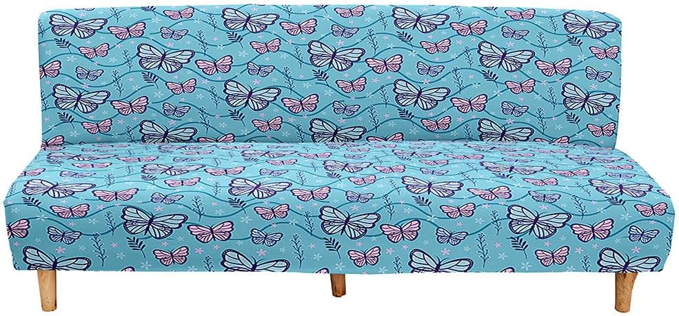 Mateju Armless Sofa Bed Cover, Butterfly Pattern Folding Sofa Bed without Armrests, Non Slip Stretch Futon Slipcover Protector for 2-3 Seater, Washable Couch Bed Slipcovers (blue,120-150cm)