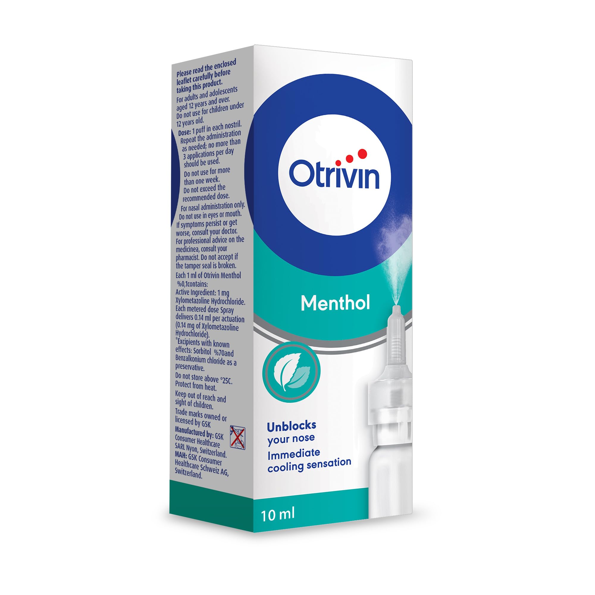 Otrivin 0.1% Menthol Nasal Spray for Unblock Nose with Cooling Sensation 10 ml