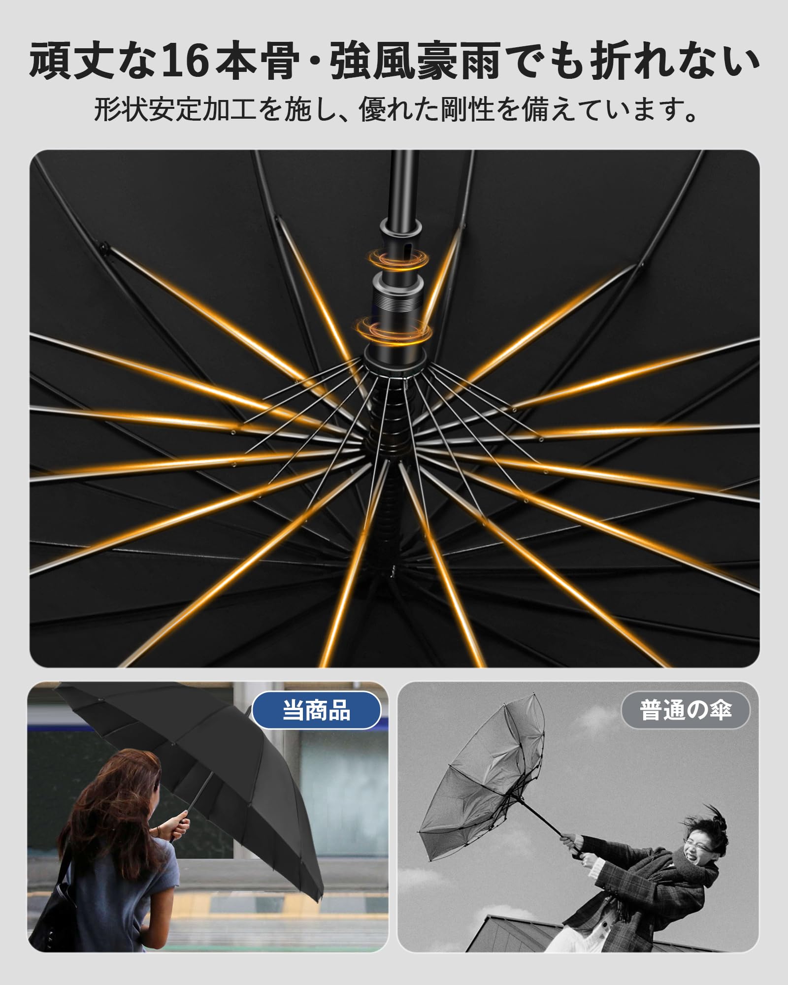 [VARNIC] 傘 メンズ 長傘 【高強度16本骨 99%以上遮光率】 ジャンプ傘 メンズ レディース 直径115cm 大型 丈夫耐久 300T高密度生地 グラスファイバー 日傘 UVカット 遮光遮熱 耐風撥水 豪雨対応 梅雨/台風対策 晴雨兼用 - 3