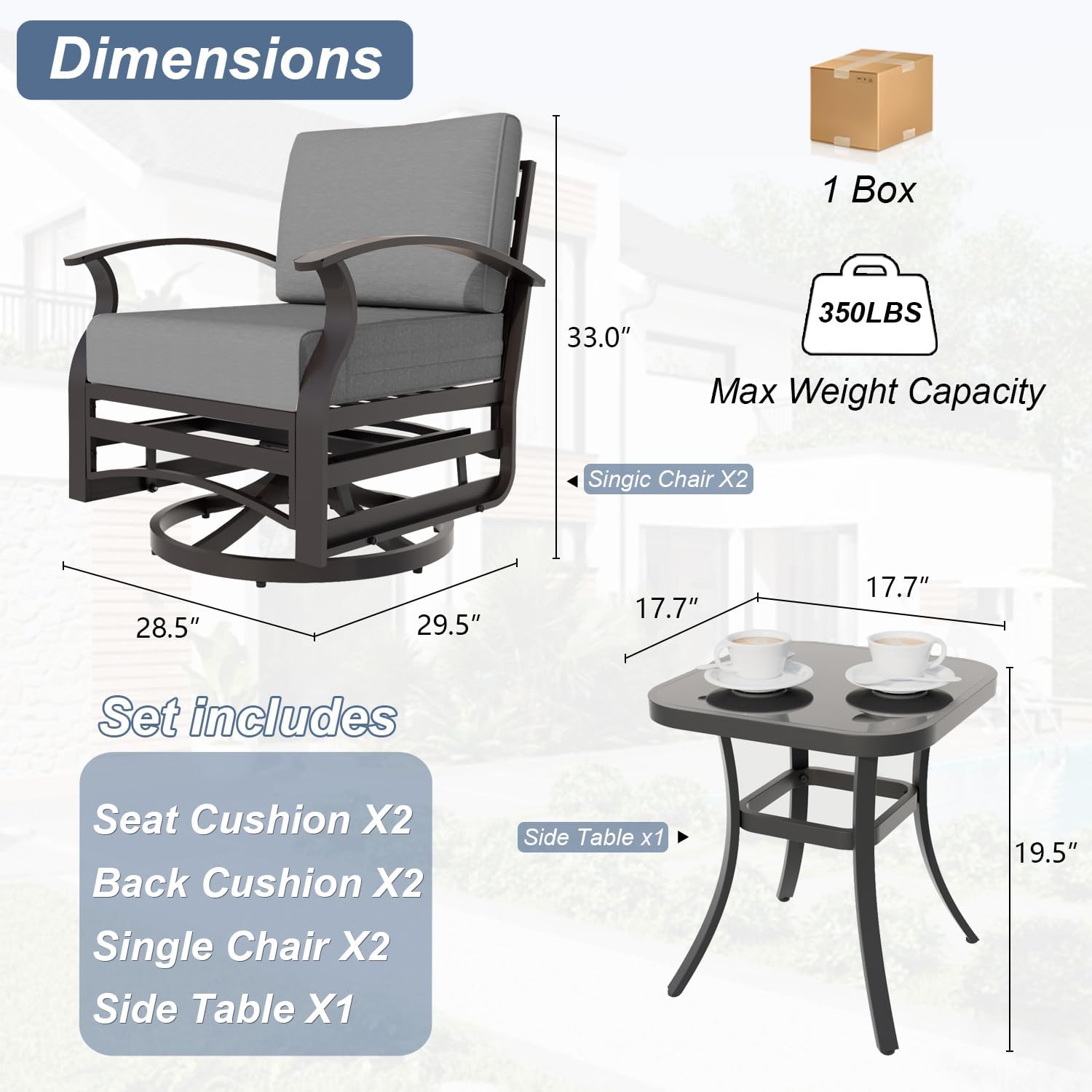 Kurapika 3 Pieces Patio Furniture Set, Outdoor Aluminum Rocking Chair, Patio Bistro Set Swivel Gliders Rocker with Thickened Cushions and Side Table for Porch Garden Deck(Grey)