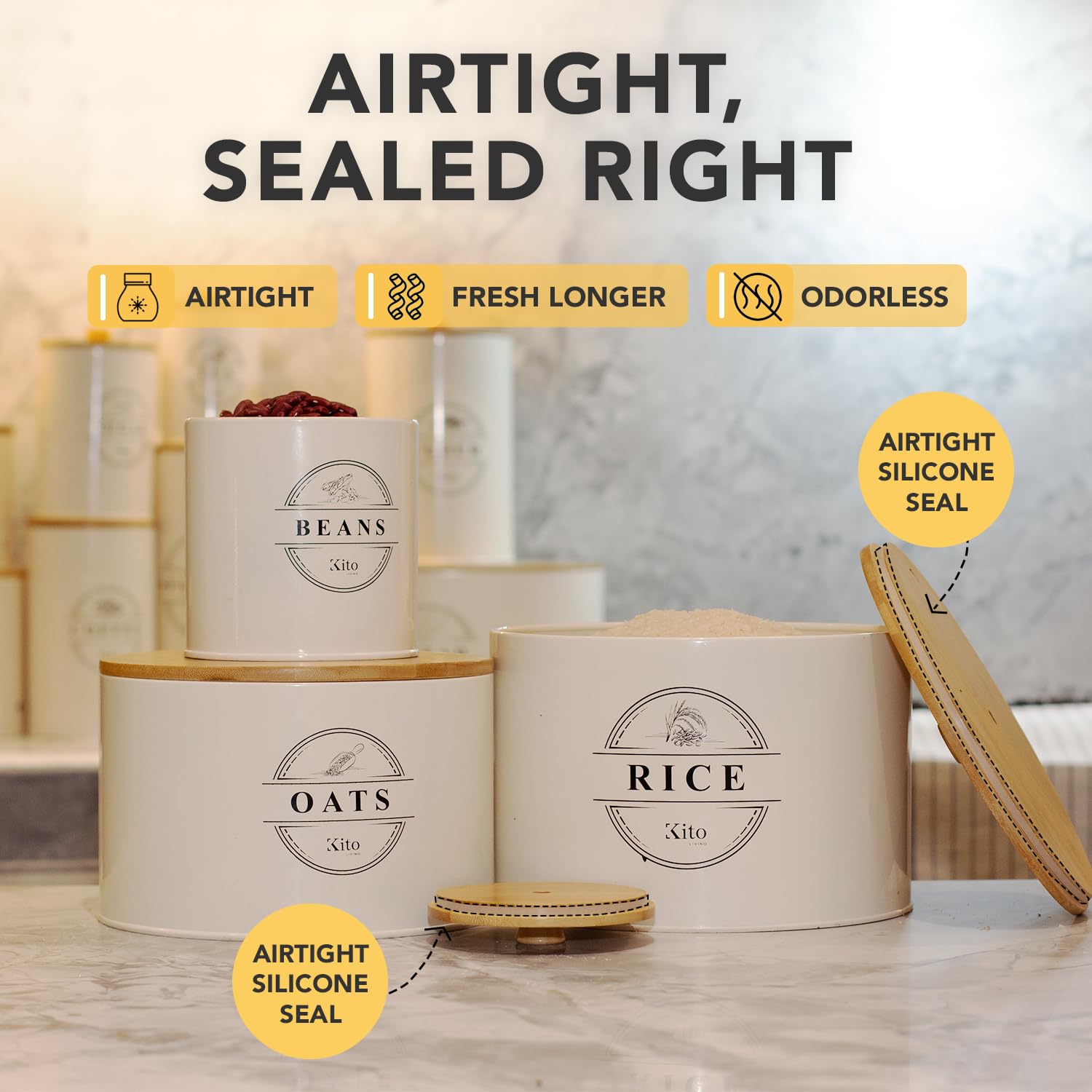 Kito LIVING Contenedores de almacenamiento de avena y arroz de frijol con tapas herméticos, almacenamiento de alimentos organización despensa cocina bujes con tapas de bambú, apilables y