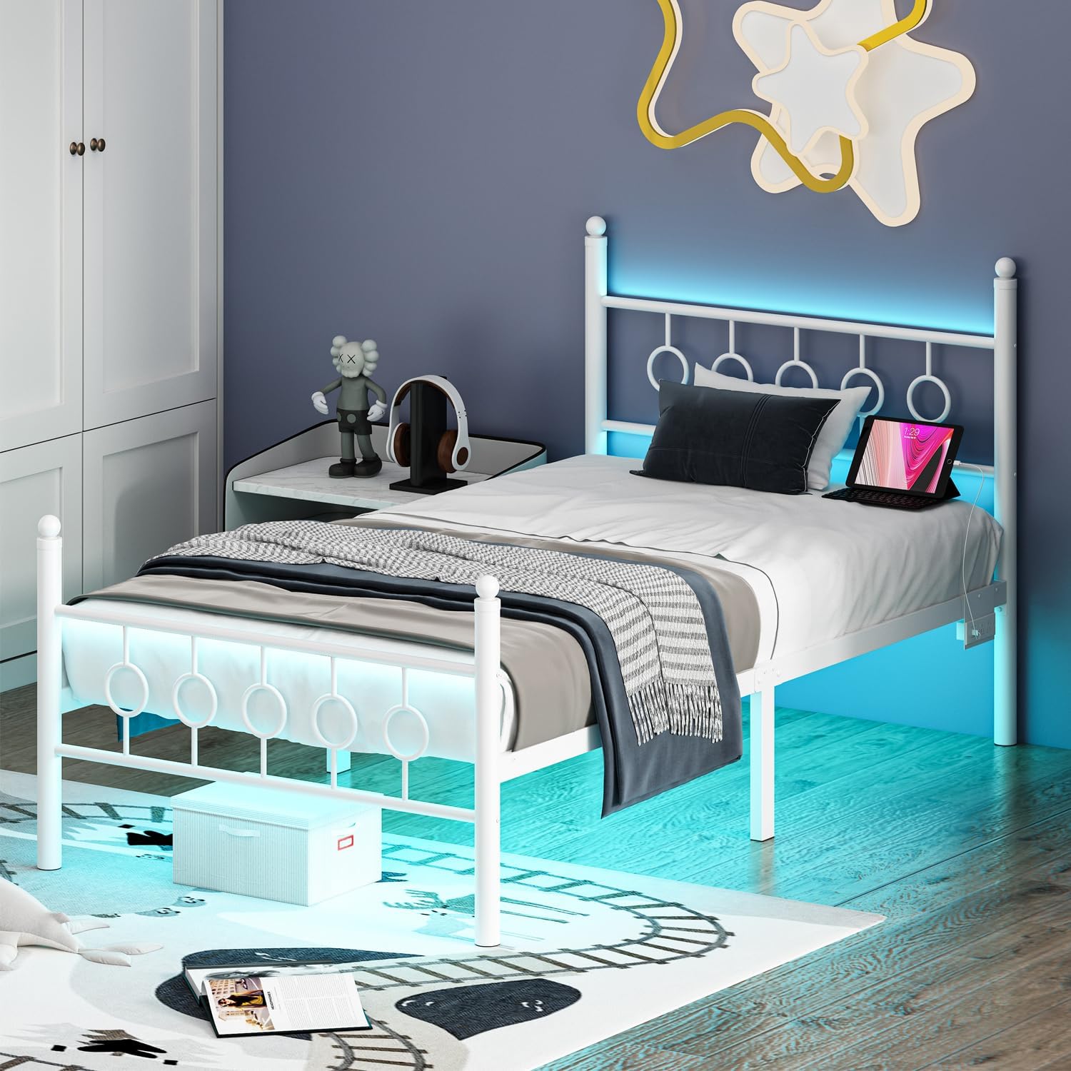 Twin Bed Frames with Headboard, LED Bed Frame with Charging Station, Metal Platform, Under-Bed Storage, No Box Spring Needed, Noise Free, Easy Assembly, White - Image 8